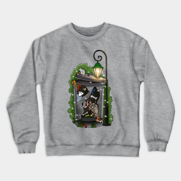 Opossum and raccoon in a trash can having fun Crewneck Sweatshirt by The Christmas Lady